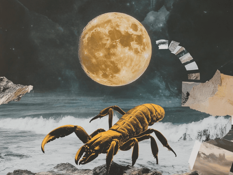 Surrealist astrology collage representing Full Moon in Scorpio 2026