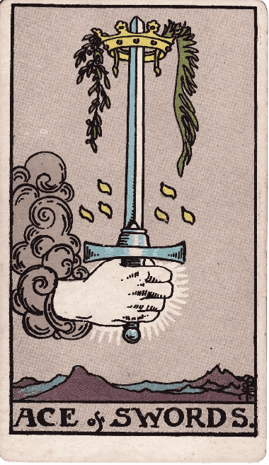 Ace of Swords tarot card with sword and crown, symbolizing clarity and decision-making.