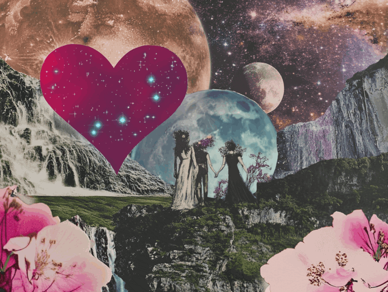 surrealist astrology collage representing the Relationship Health Check Tarot Spread