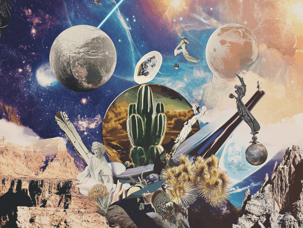 surrealist astrology collage representing the Tarot Vs. Oracle Cards
