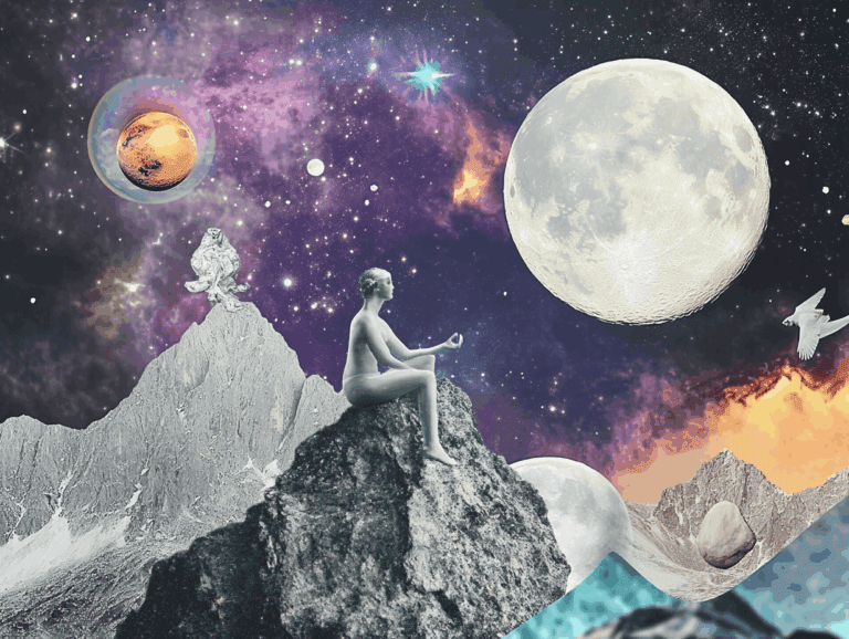 surrealist astrology collage representing the Unblocking Your Flow Tarot Spread