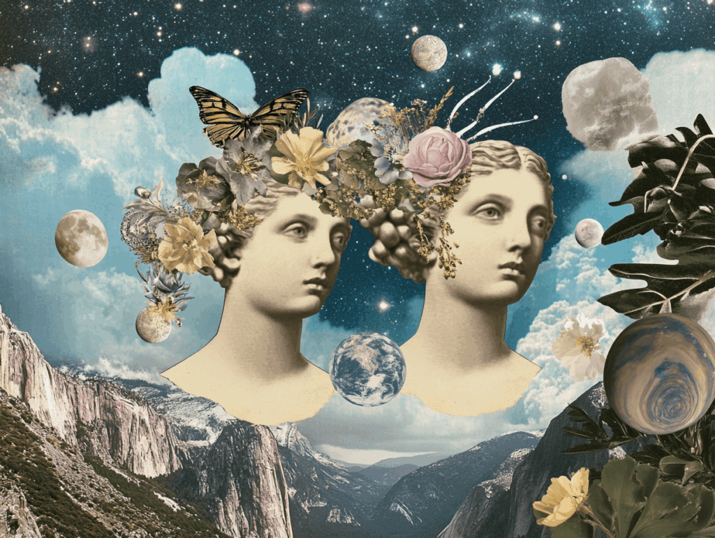 surrealist astrology collage representing Gemini Zodiac Sign
