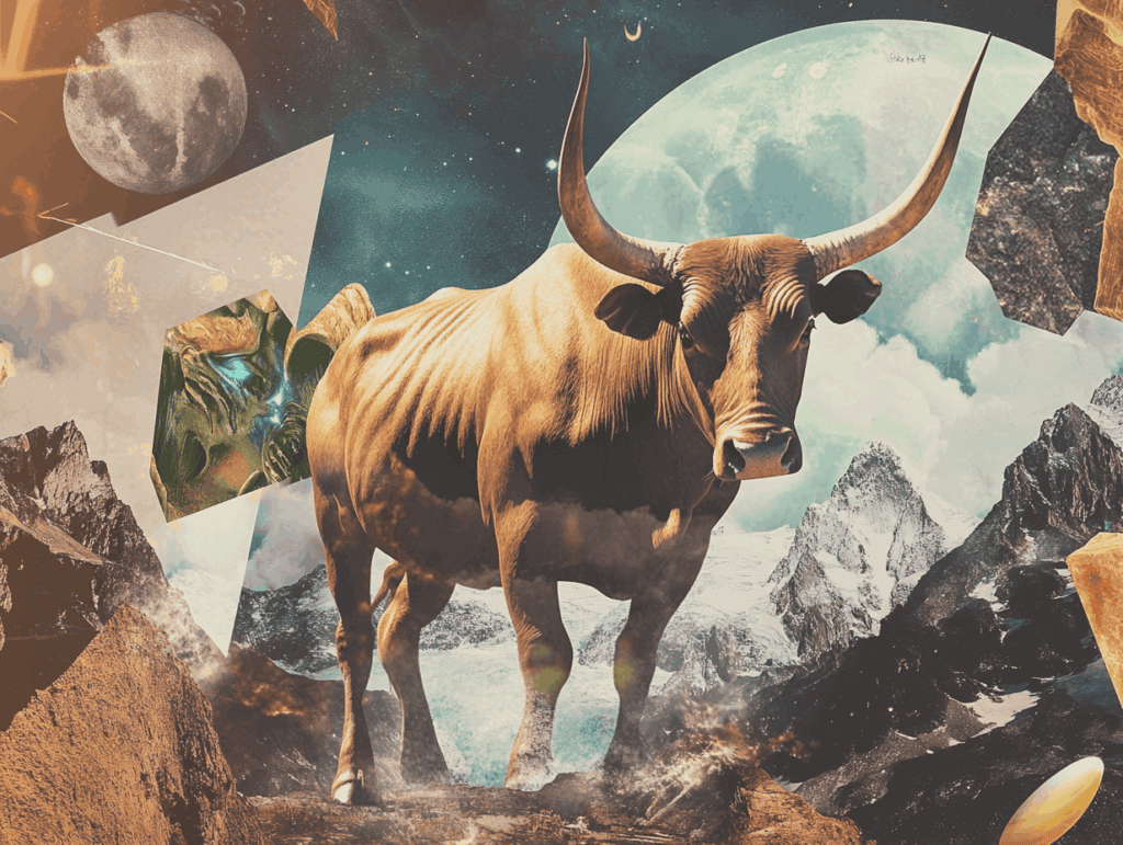 surrealist astrology collage representing the taurus zodiac sign