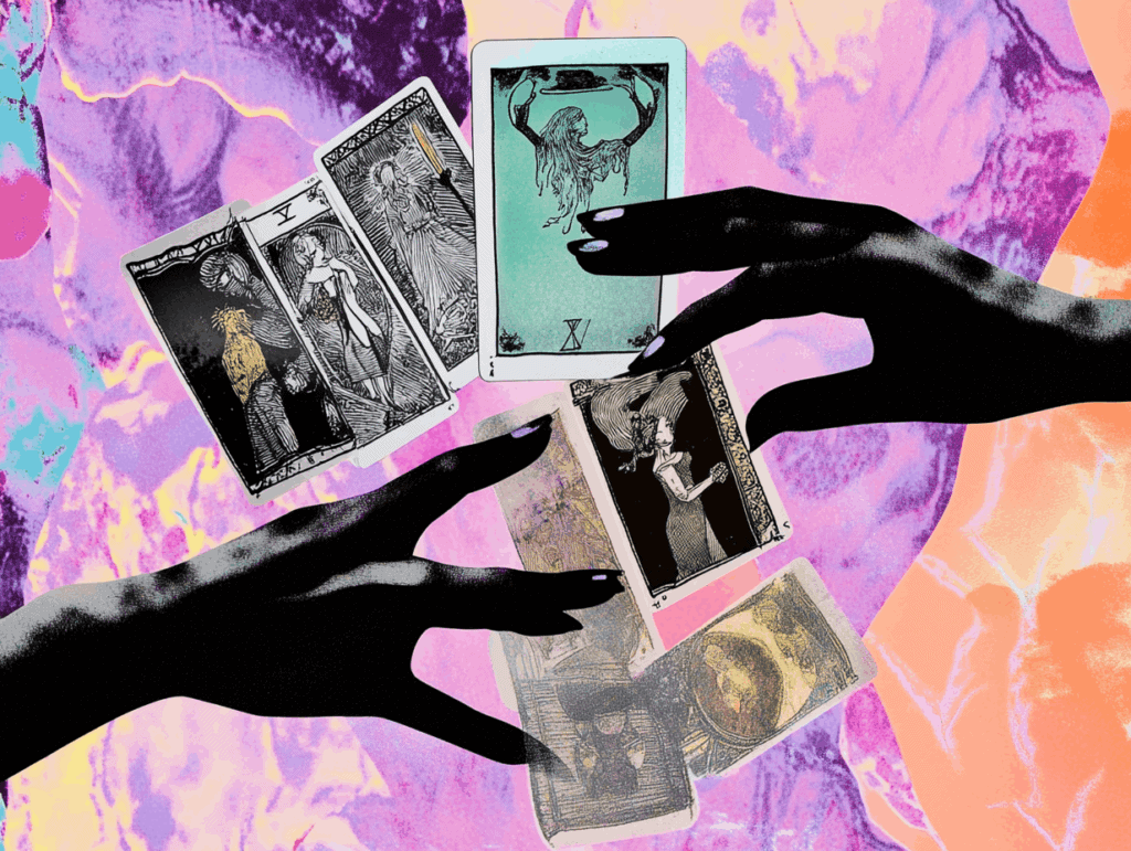 surrealist astrology collage representing the letting others touch your tarot deck