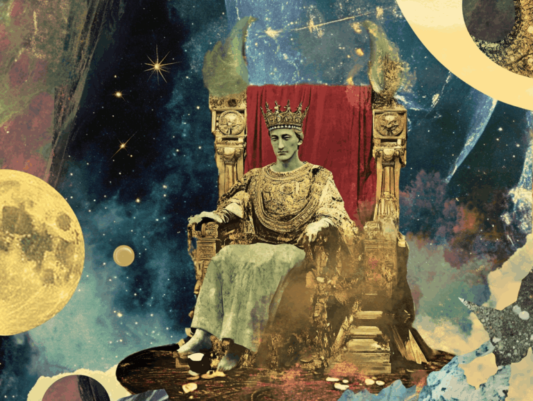 Surrealist astrology collage representing the weekly tarot horoscope for the week of April 12 – 18, 2026