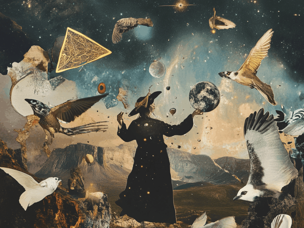 Surrealist astrology collage representing the weekly tarot horoscope for the week of April 26 – May 2, 2026