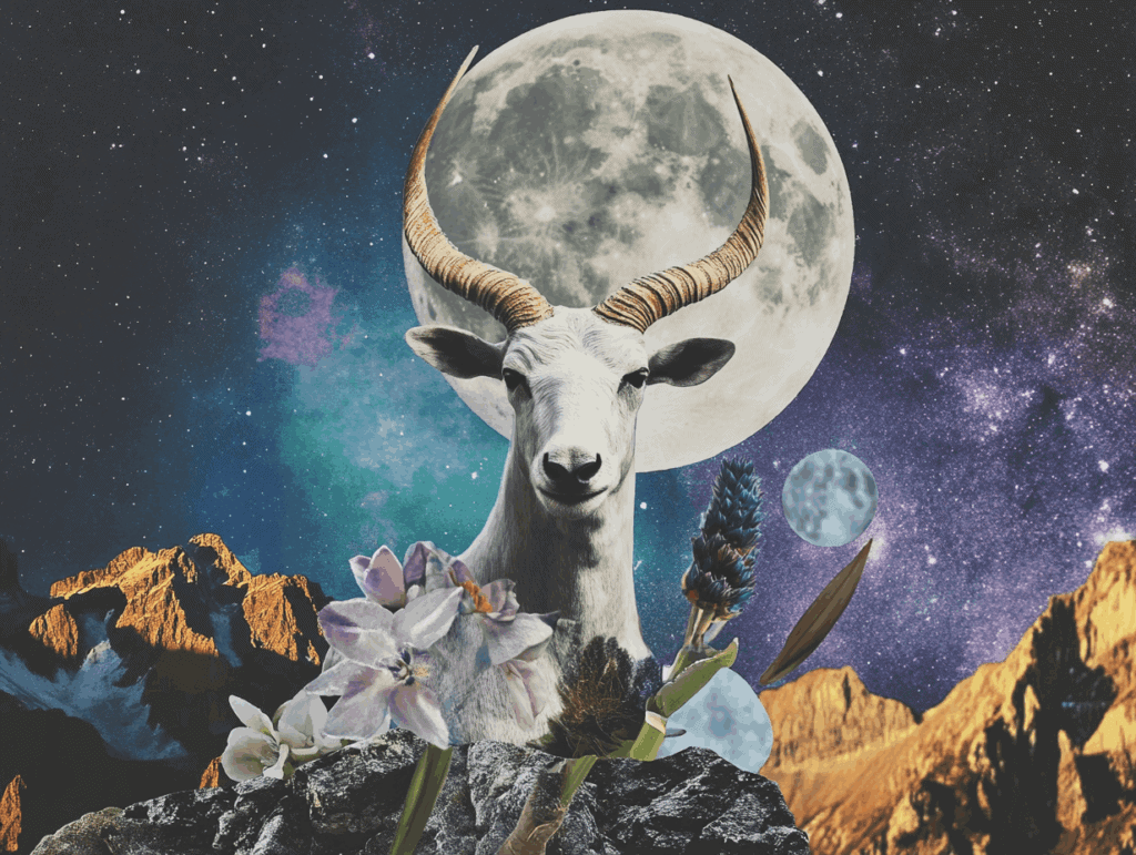 surrealist astrology collage representing the full moon in capricorn