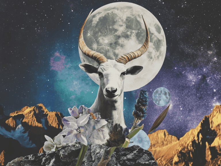 surrealist astrology collage representing the full moon in capricorn