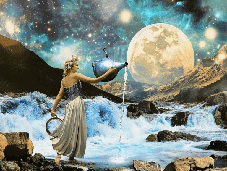 surrealist astrology collage representing the full moon in aquarius 2026