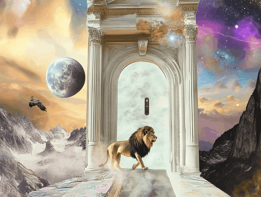 lion's gate portal 2026 numerology 88 surrealist astrology collage